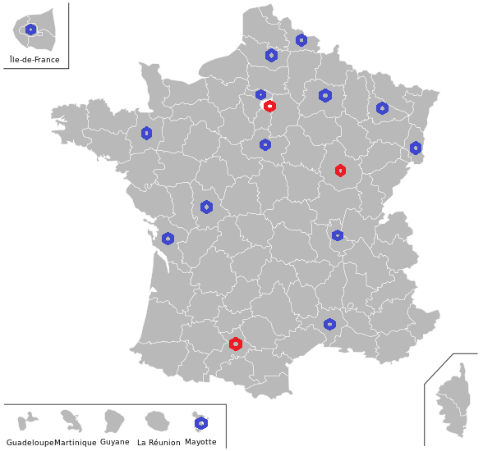 Les 17 DemoES (en rouge les projets en réseau national, selon la localisation de l'établissement porteur)