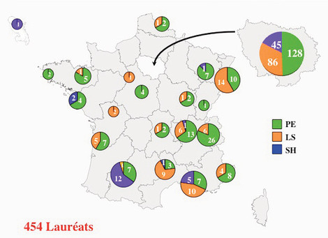 Répartition géographique des lauréats E.R.C. en France - 2007 à décembre 2012