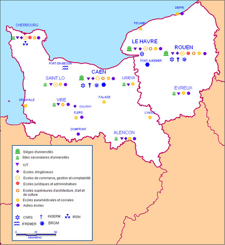 Carte des implantations des principaux établissements d’ESR en Normandie (source Starter 2014)