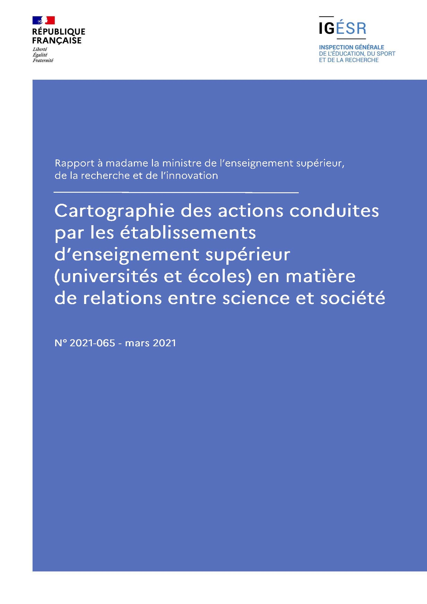 Couverture de IGESR-Rapport-2021-065-Cartographie-actions-etablissements-ESR-relations-science-societe