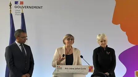 Les ministres Sylvie Retailleau, Pap Ndiaye et Isabelle Rome à la cérémonie de remise des prix Irène Joliot-Curie 2022
