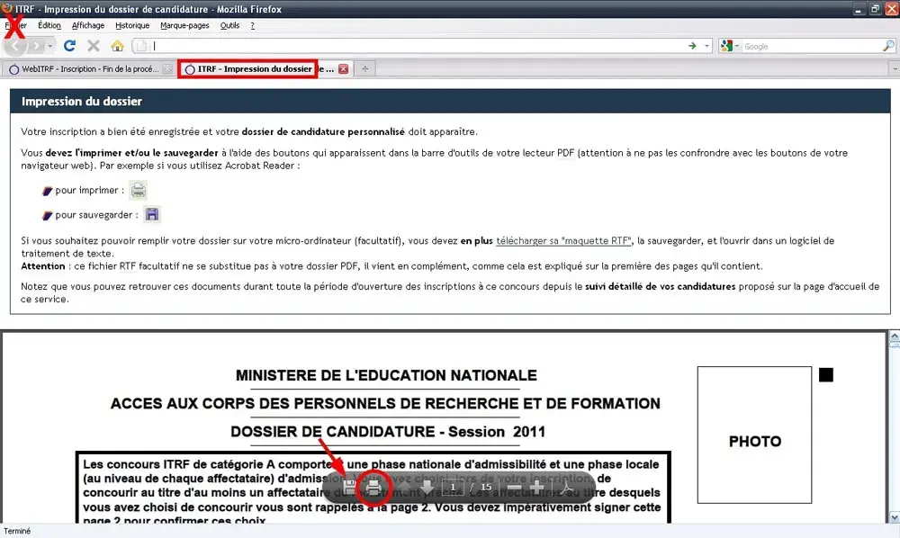 Impression du dossier de candidature ITRF