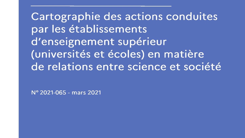 Couverture de IGESR-Rapport-2021-065-Cartographie-actions-etablissements-ESR-relations-science-societe