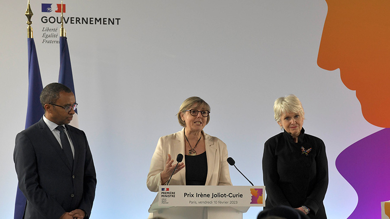 Les ministres Sylvie Retailleau, Pap Ndiaye et Isabelle Rome à la cérémonie de remise des prix Irène Joliot-Curie 2022