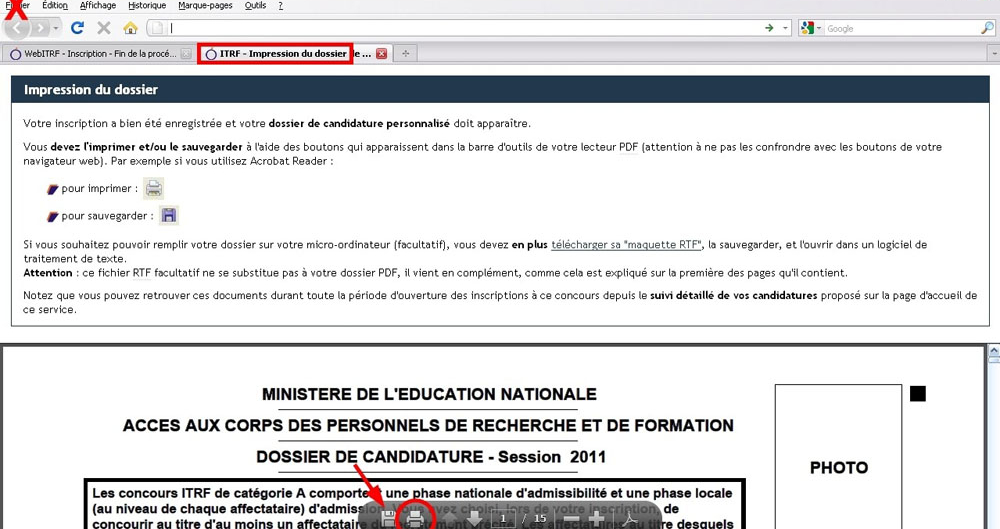 Impression du dossier de candidature ITRF