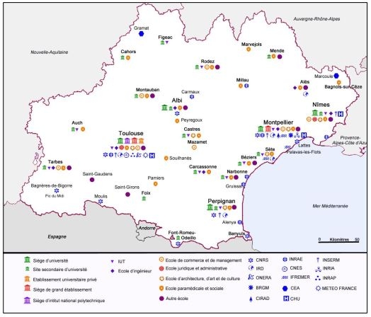 Carte des établissements ESR en Occitanie en 2020