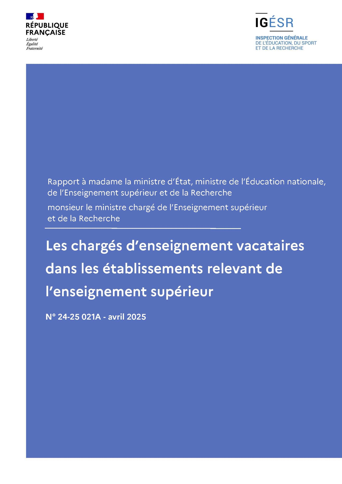 Les chargés d'enseignement vacataires dans les établissements relevant de l'enseignement supérieur - Couverture